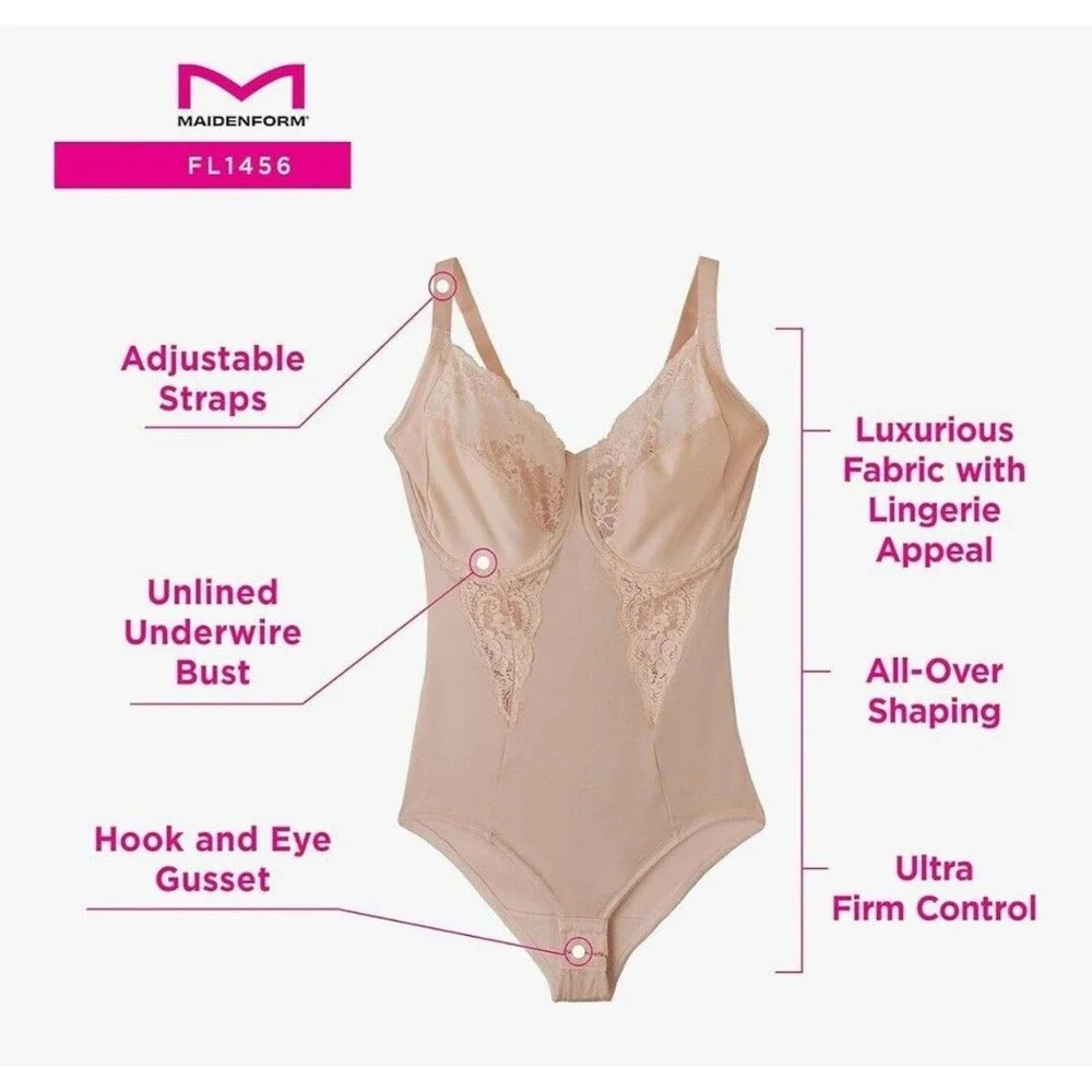 Maidenform 1456 Flexees 40D Lace Bodybriefer Built-In Bra Firm Body Shaper Black